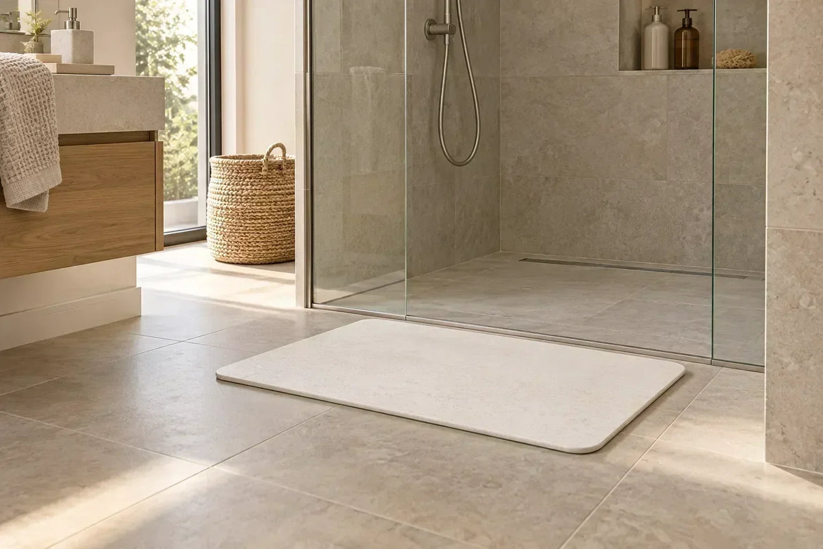 Tapis de bain rigide en diatomite placé à la sortie d’une douche à l’italienne