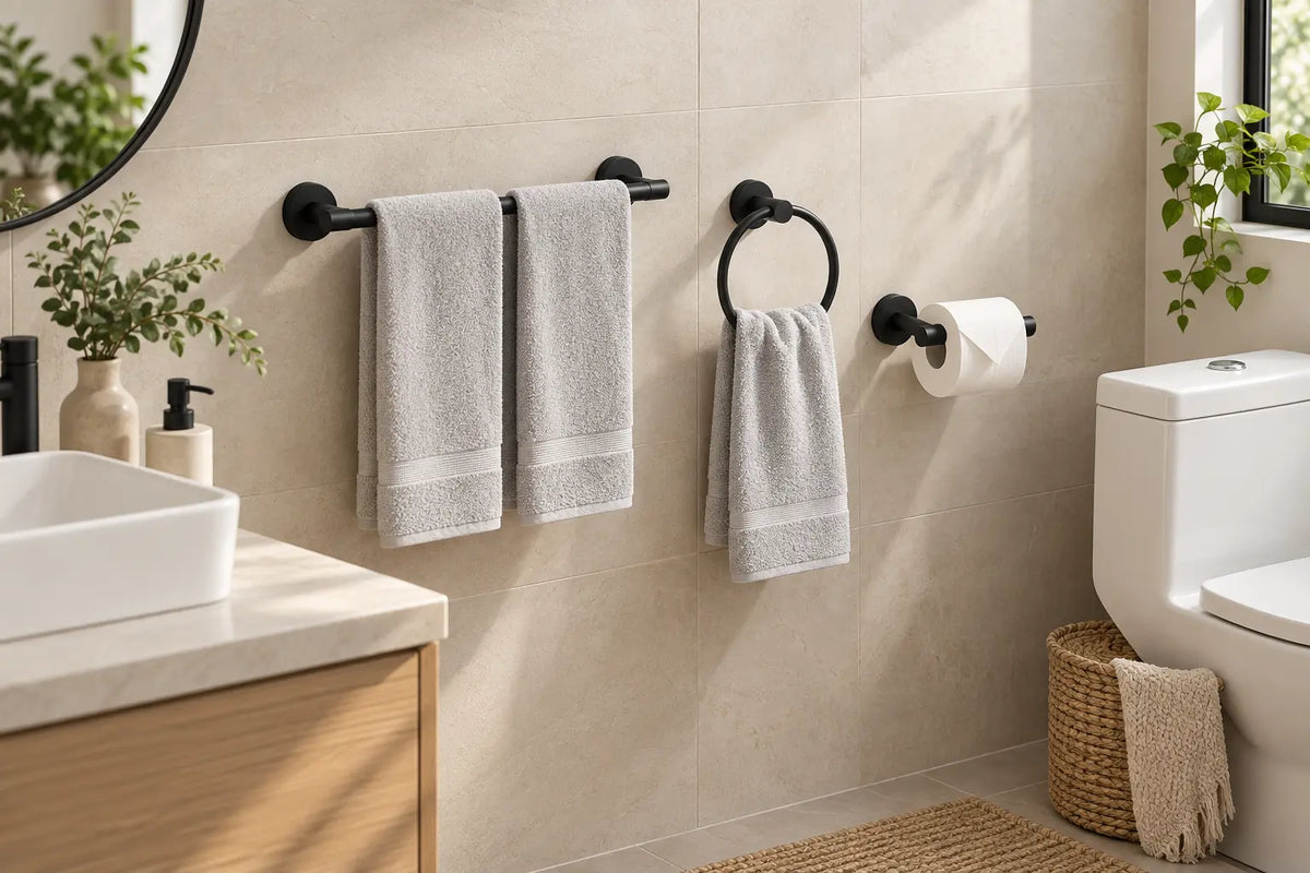 Accessoires sans perçage noirs dans une salle de bain claire : barre, anneau et porte-rouleau