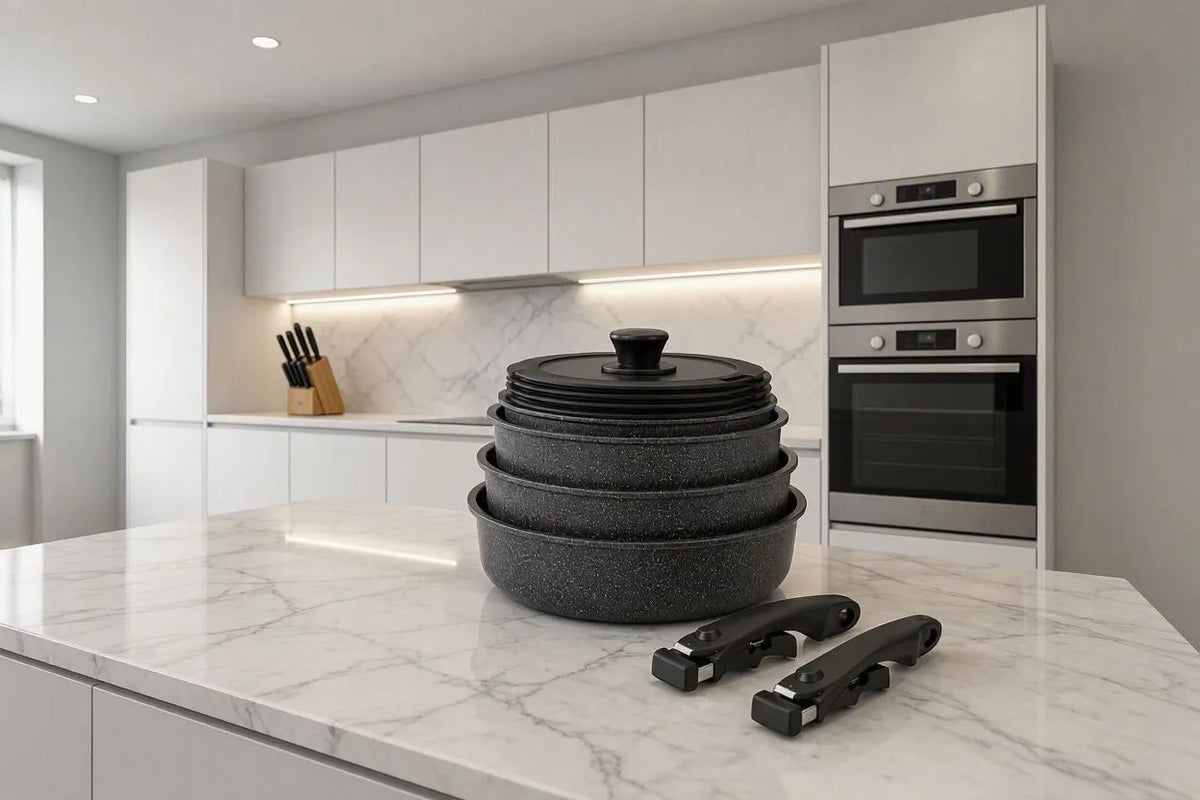 Batterie de cuisine noire avec poêles et casseroles empilables et deux poignées amovibles dans une cuisine moderne.