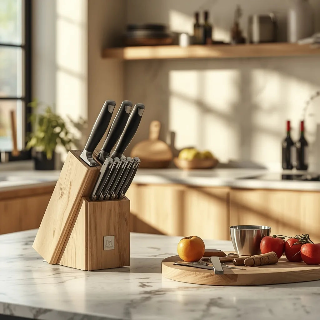 Bloc de couteaux de cuisine avec support en bois dans une cuisine moderne