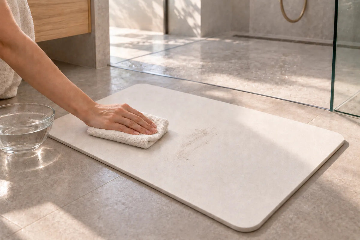Nettoyage d’une trace de saleté sur un tapis en diatomite avec un chiffon doux