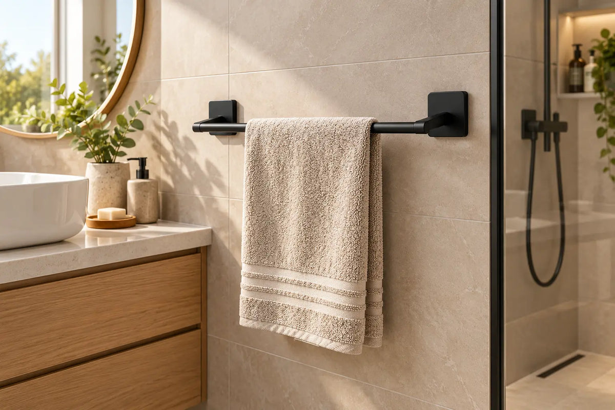 Barre porte-serviettes noire sans perçage avec une serviette beige près d’une douche à l’italienne