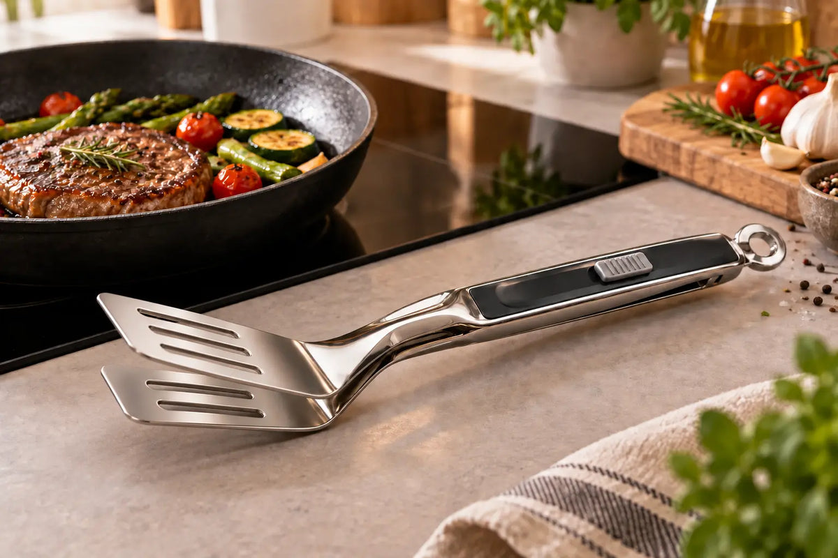 Spatule-pince 2-en-1 en acier inoxydable avec lames inclinées près d’une poêle