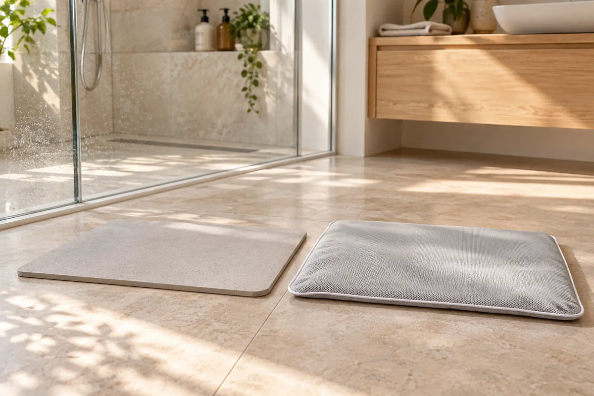 Tapis de bain en diatomite rigide et souple 2.0 côte à côte dans une salle de bain moderne