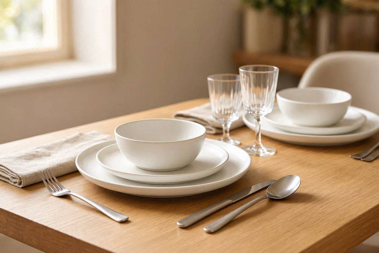 Vaisselle design et couverts en métal brossé sur une table dressée, collection Art de la table AZS.