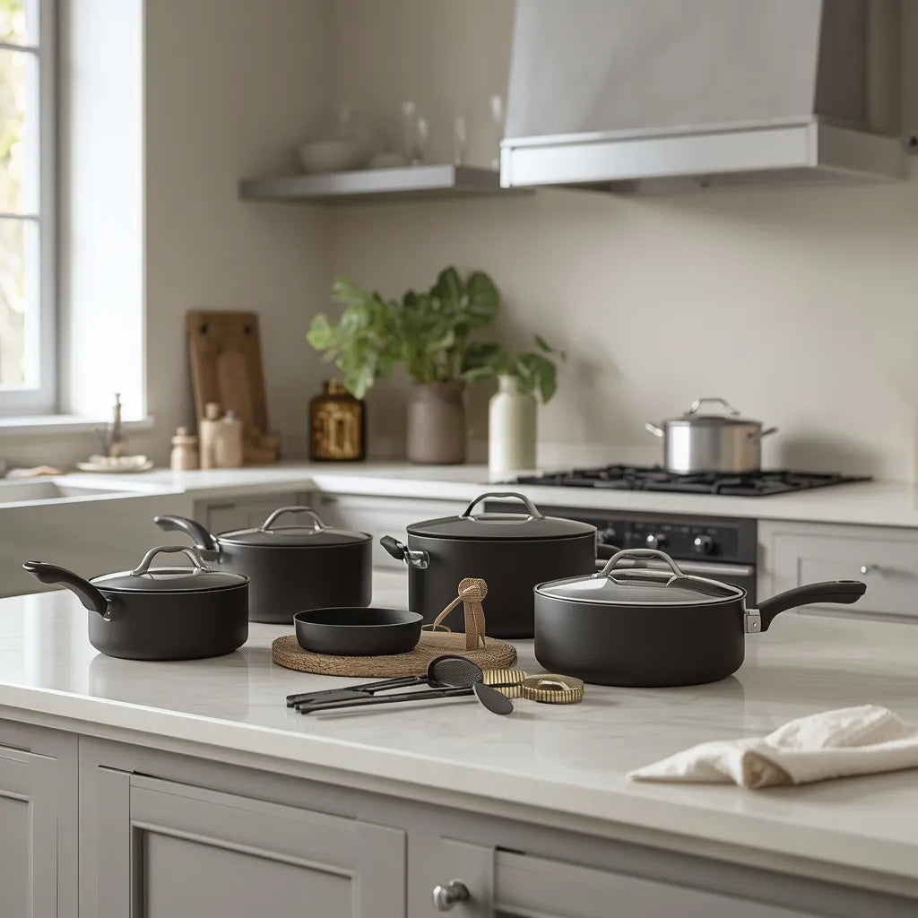 Batterie de cuisine noire et bloc de couteaux présentés dans une cuisine moderne