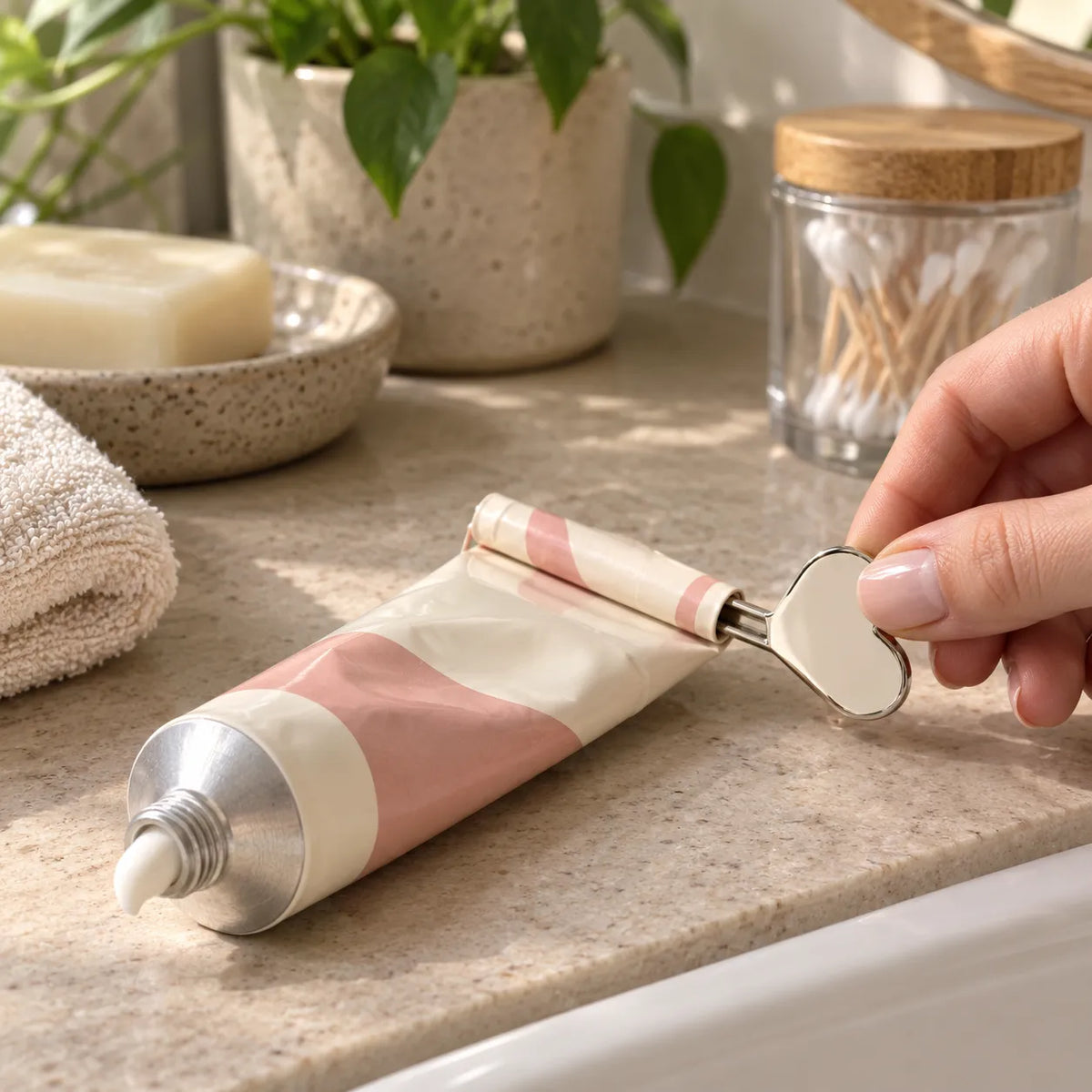 Presse-tube métallique installé sur un tube de dentifrice dans une salle de bain