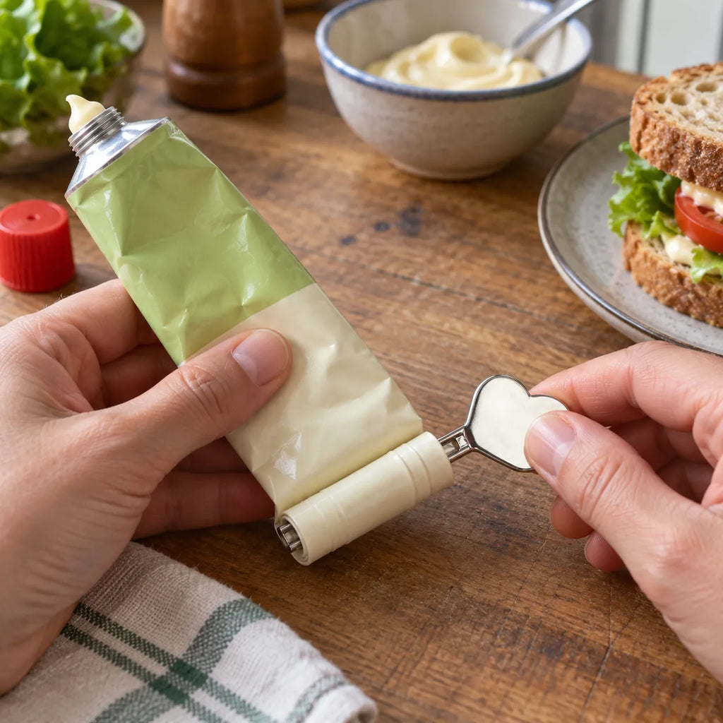Presse-tube utilisé sur un tube de mayonnaise dans une cuisine