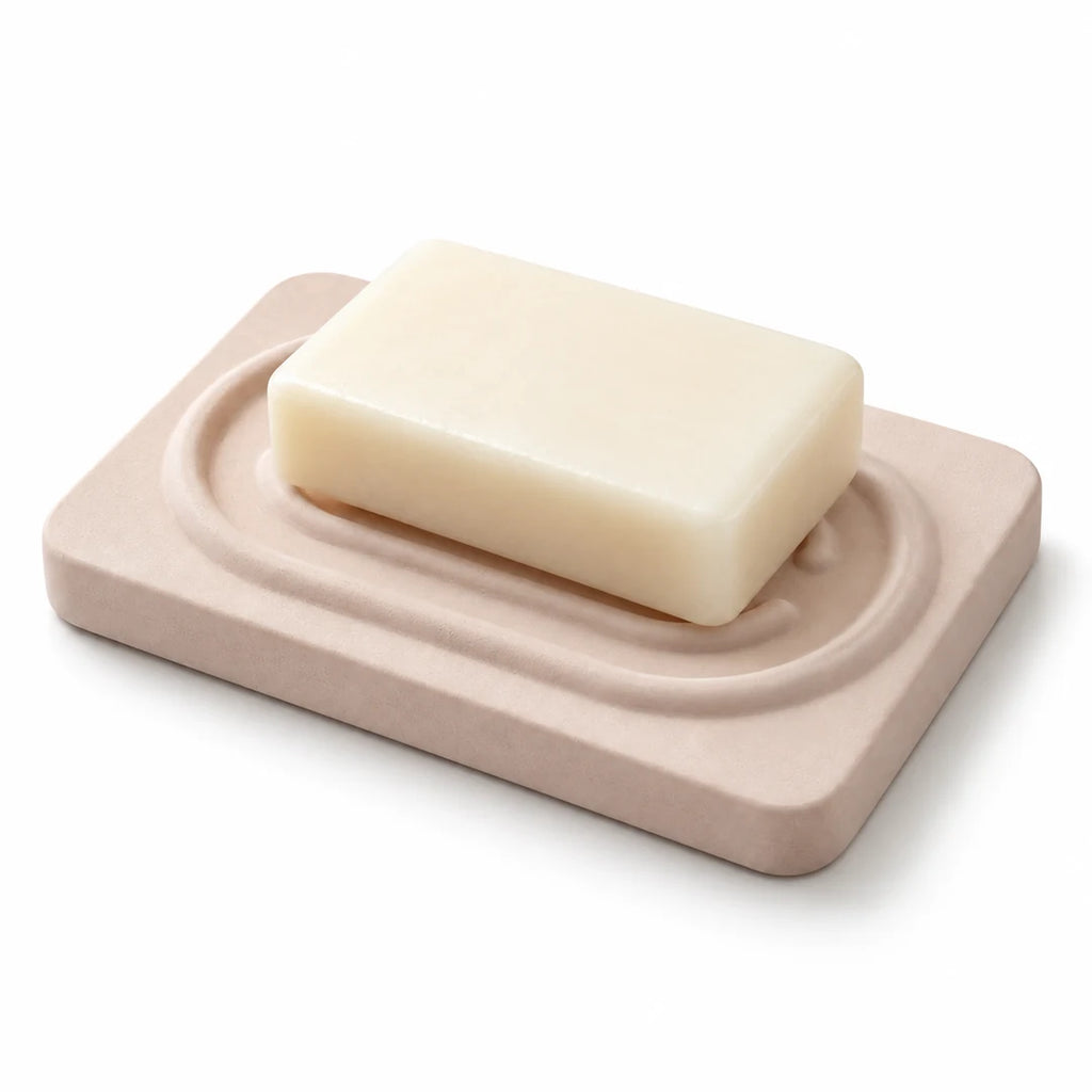 Savon solide posé sur le relief ovale du porte-savon Convex en diatomite beige