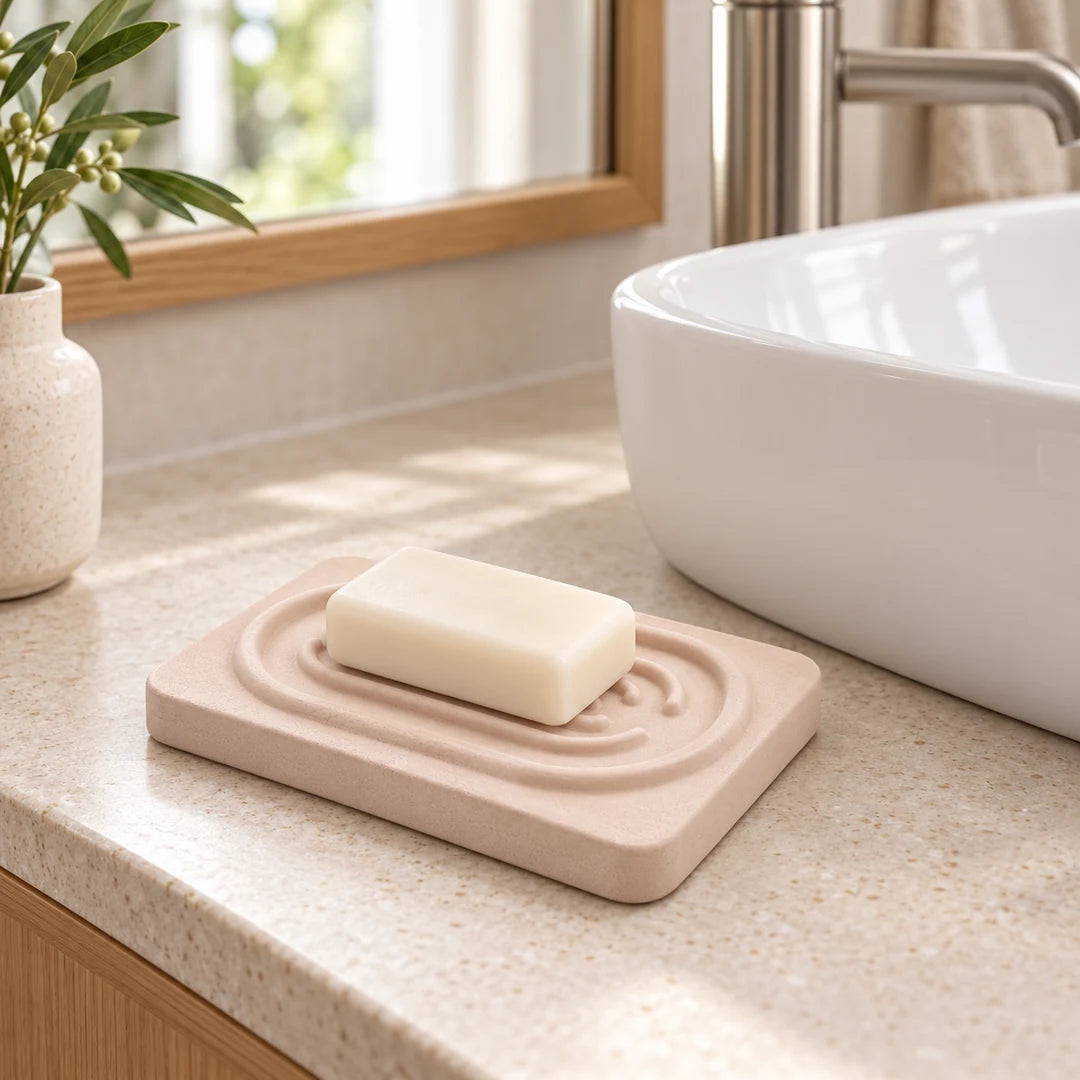 Porte-savon Convex beige avec savon solide à côté d’un lavabo blanc