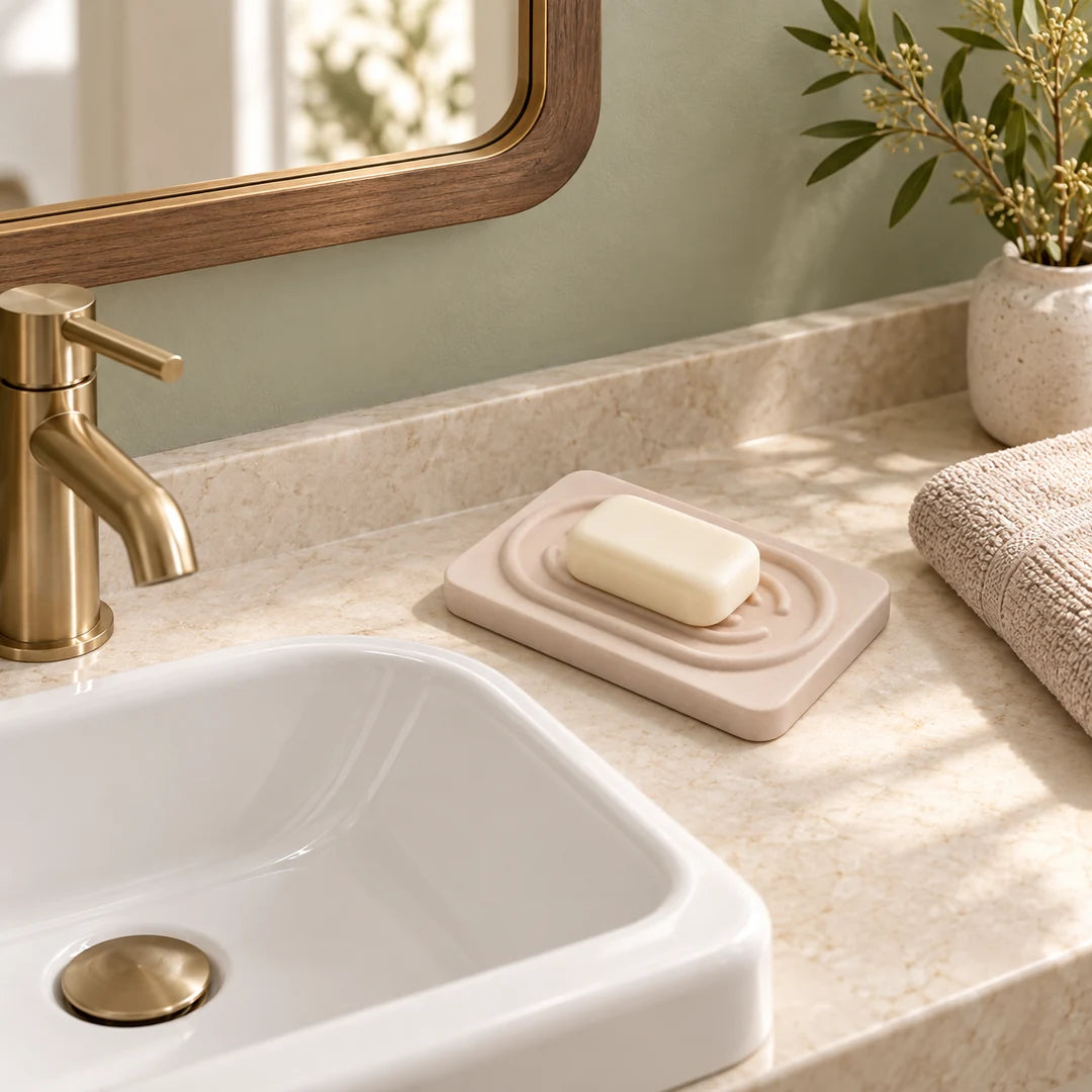 Porte-savon en diatomite beige posé près du lavabo avec un savon et une serviette
