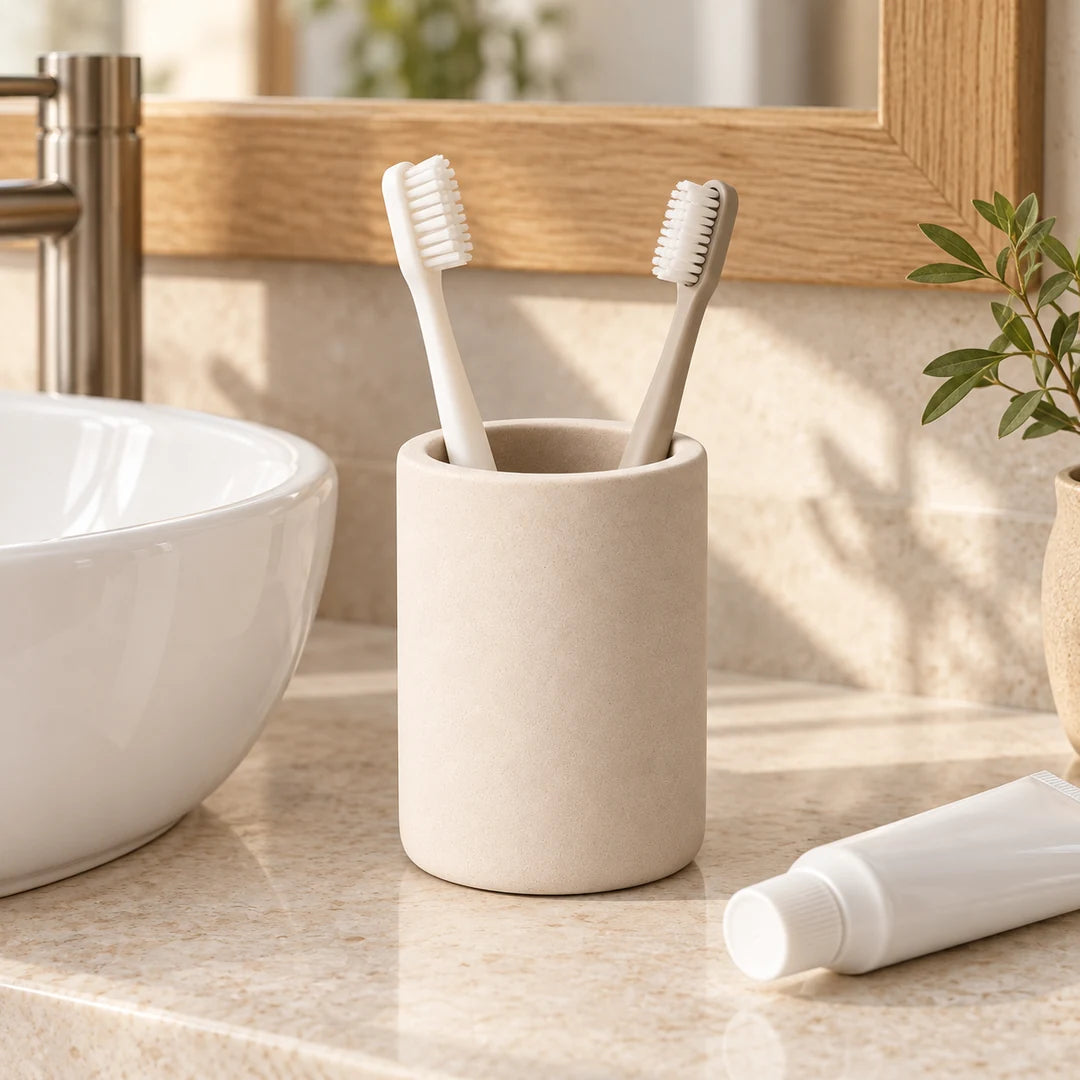 Deux brosses à dents dans le gobelet en diatomite beige près du lavabo, avec un tube de dentifrice à côté