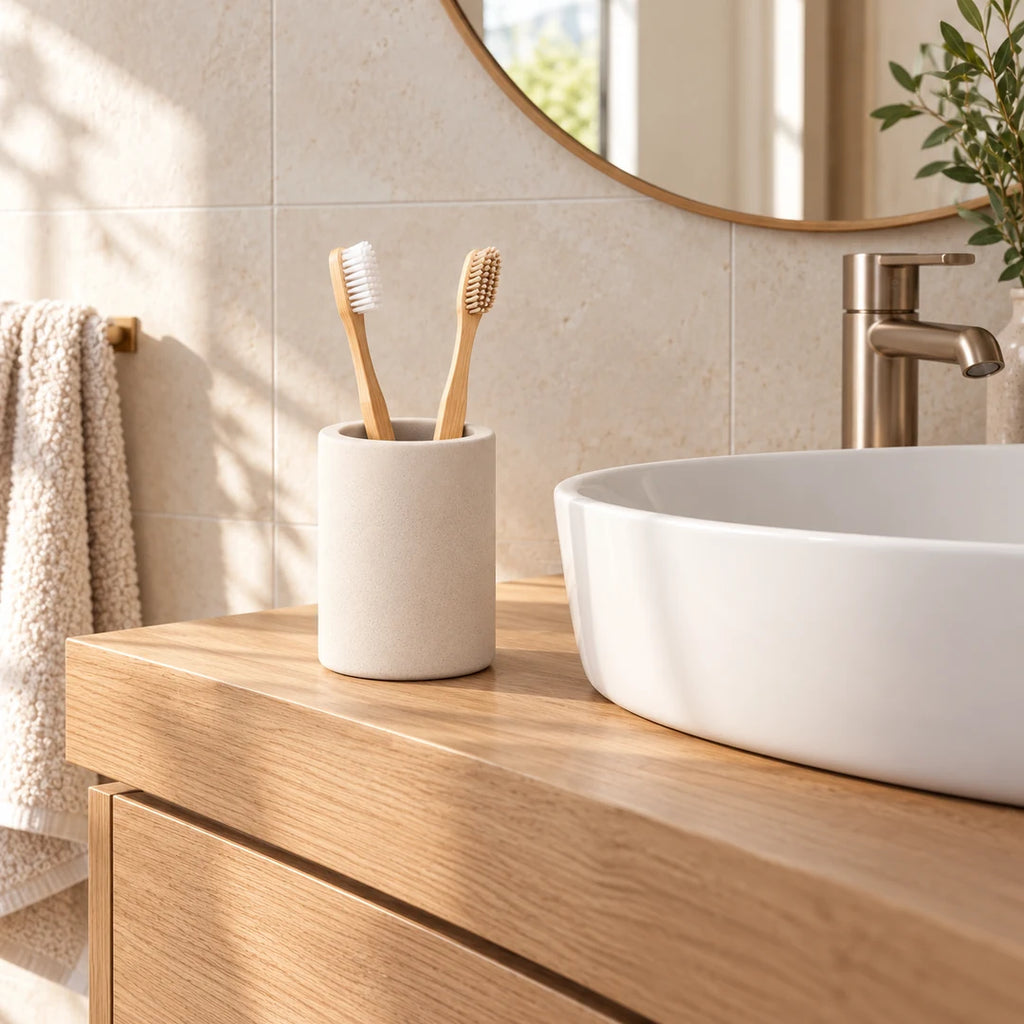 Gobelet porte-brosses en diatomite beige avec deux brosses sur un meuble en bois près d’une vasque