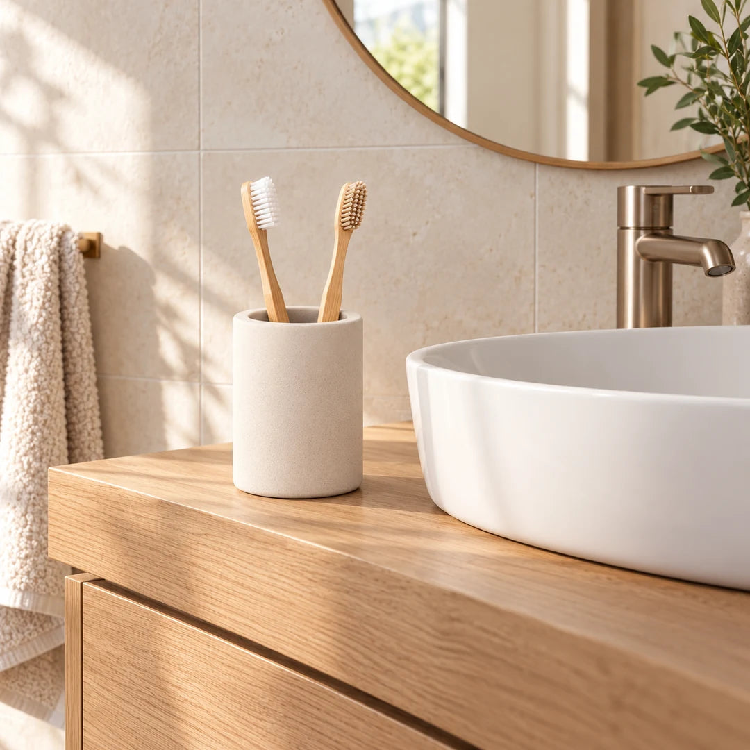 Gobelet porte-brosses en diatomite beige avec deux brosses sur un meuble en bois près d’une vasque