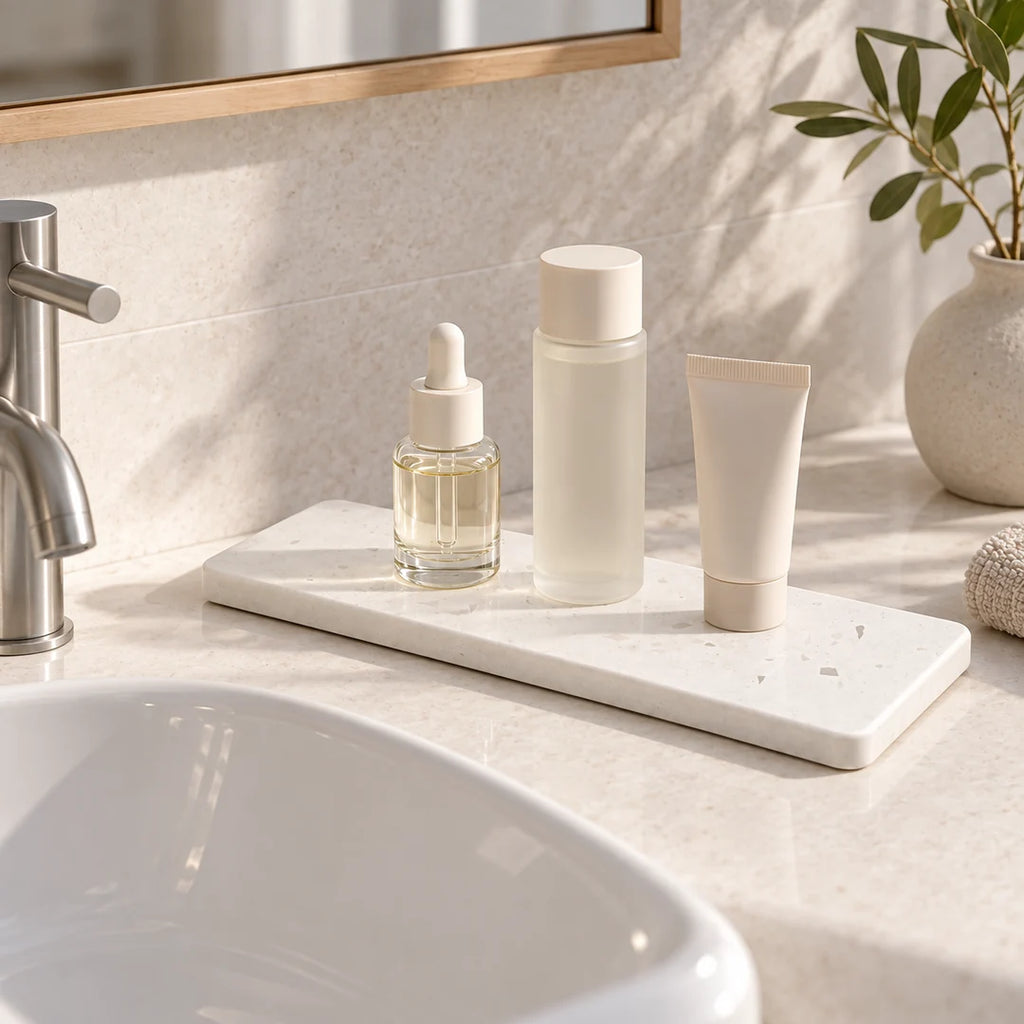 Plateau Terrazzo Fall accueillant des produits de soin dans la salle de bain