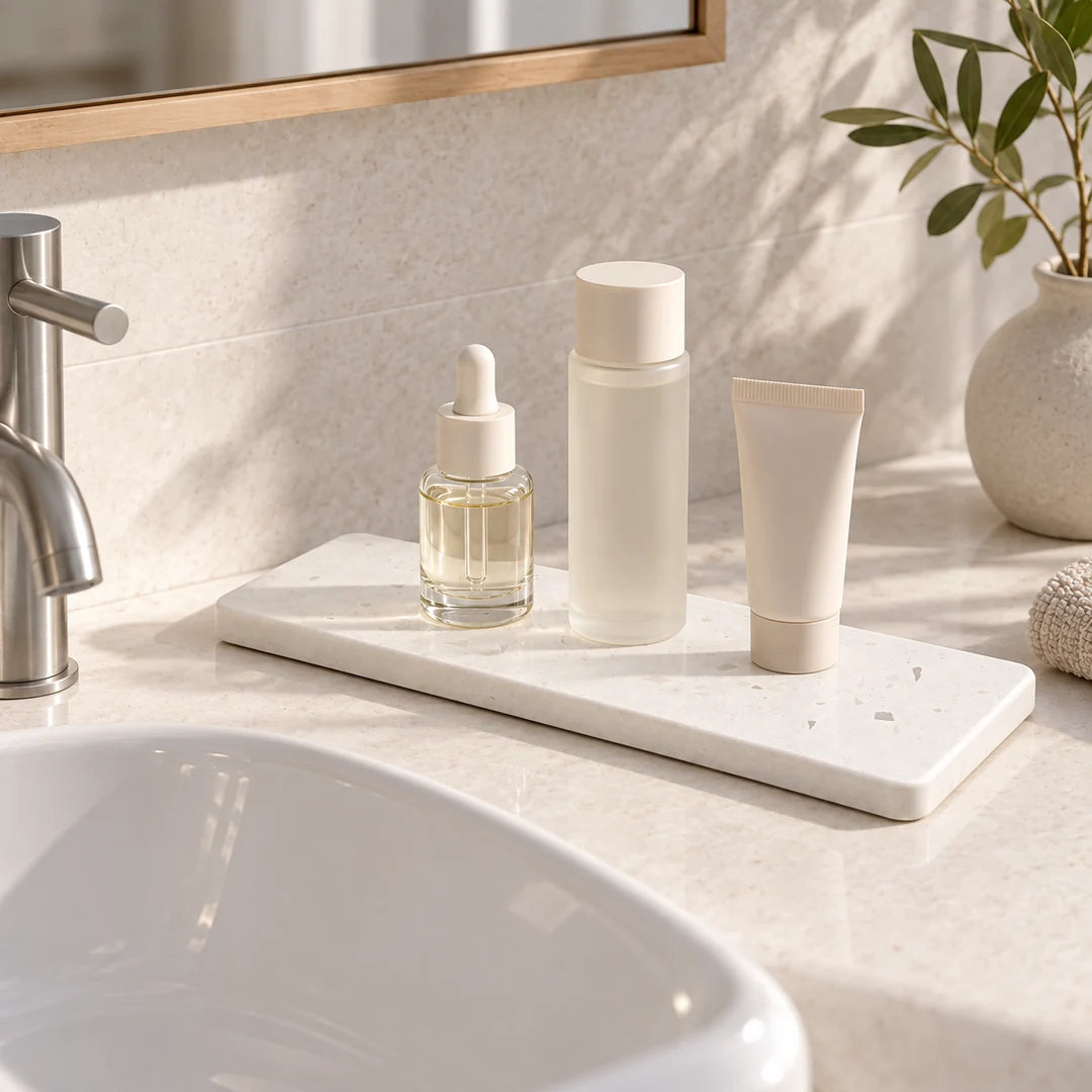 Plateau Terrazzo Fall accueillant des produits de soin dans la salle de bain