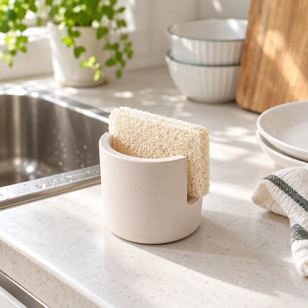 Éponge maintenue dans le porte-éponge en diatomite beige sur un plan de travail de cuisine