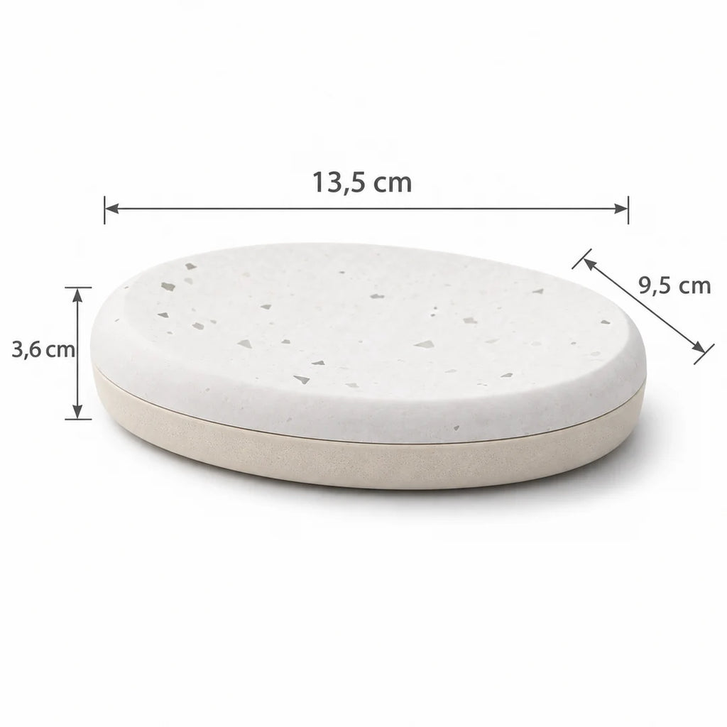 Porte-savon Terrazzo Fall V2 mesurant 13,5 × 9,5 × 3,6 cm