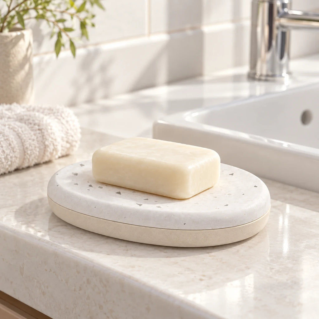 Savon solide posé sur le porte-savon Terrazzo Fall près du lavabo
