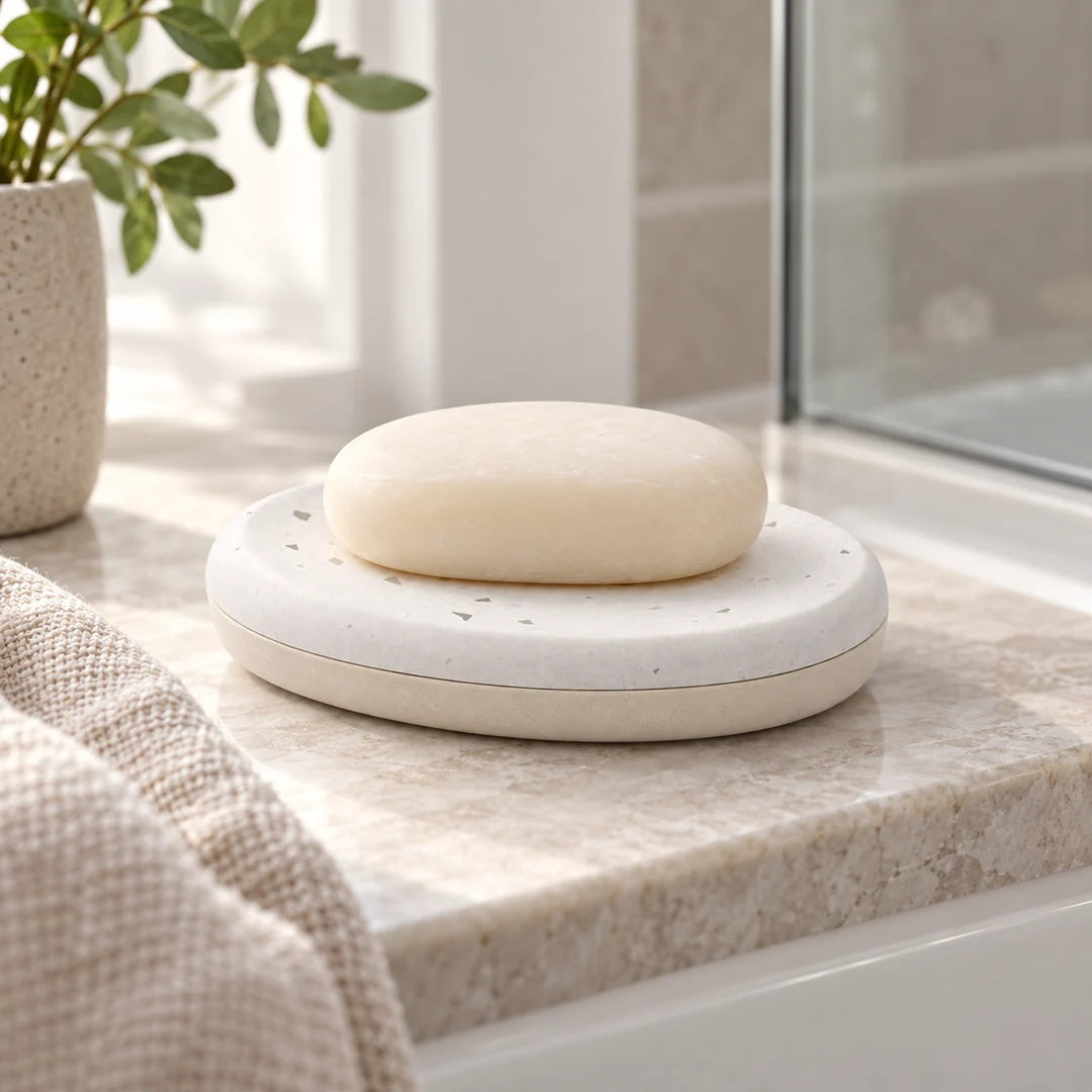 Porte-savon Terrazzo Fall avec savon solide dans une salle de bain