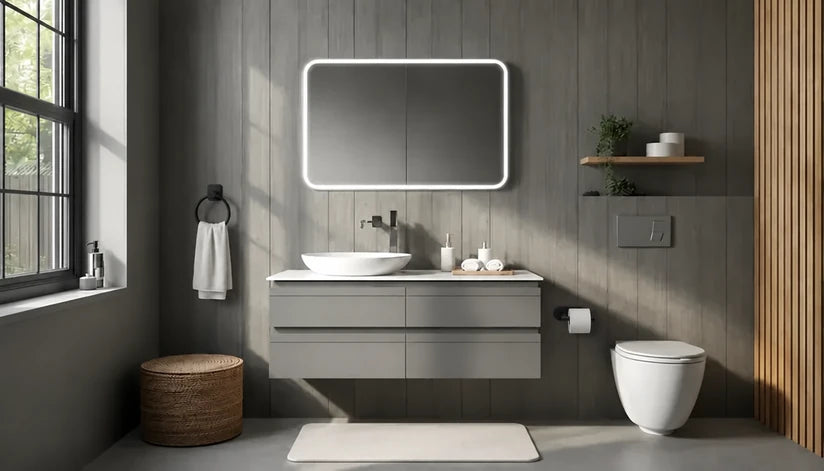 Salle de bain moderne avec tapis en diatomite, anneau porte-serviette et porte-papier toilette noir mat AZS.