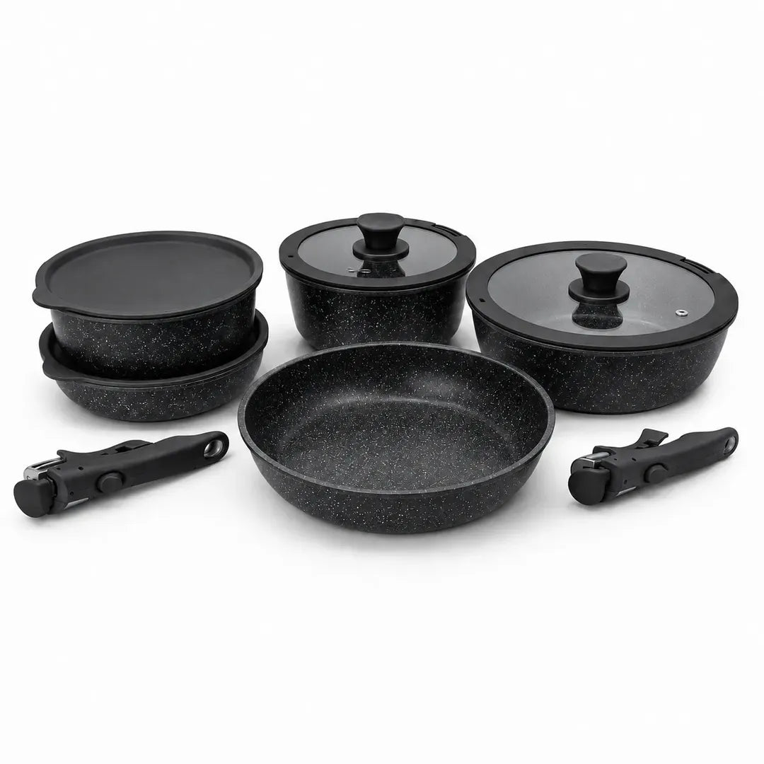 Batterie de cuisine 11 pièces noire effet granit avec poignées amovibles, comprenant casseroles, poêle, couvercles en verre et couvercles de conservation
