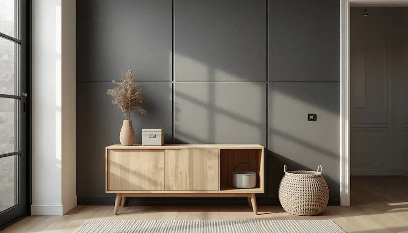 Entrée de maison au design épuré avec console en bois clair sur fond gris