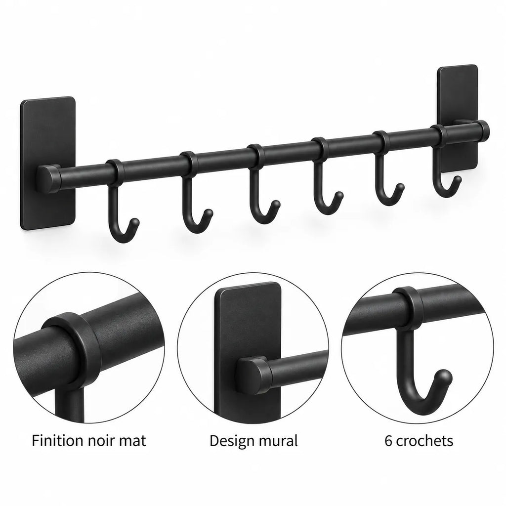 Détails du porte-accessoires mural multifonction noir mat avec finition élégante et 6 crochets robustes pour divers usages