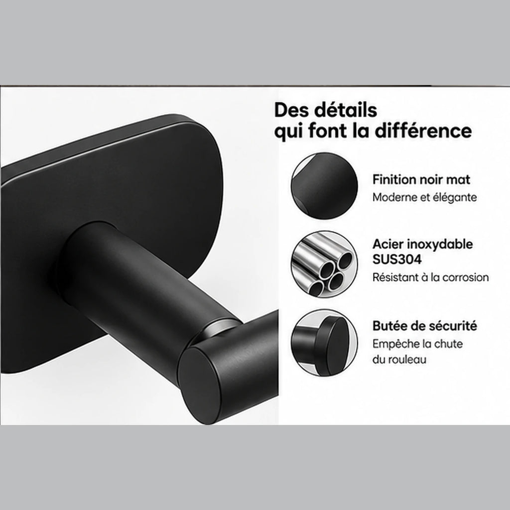 Détails du porte-papier toilette en acier inoxydable SUS304 avec finition noir mat, résistant à la corrosion et doté d'une butée de sécurité.