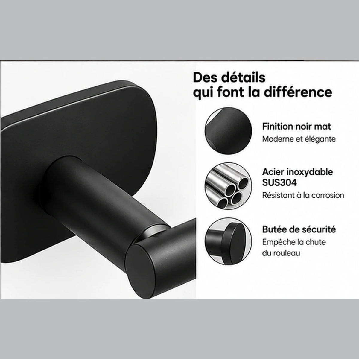 Détails du porte-papier toilette en acier inoxydable SUS304 avec finition noir mat, résistant à la corrosion et doté d'une butée de sécurité.