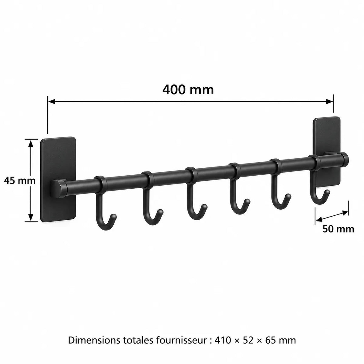 Schéma des dimensions du porte-accessoires mural noir mat : 400 mm de largeur et 45 mm de hauteur, avec 6 crochets 