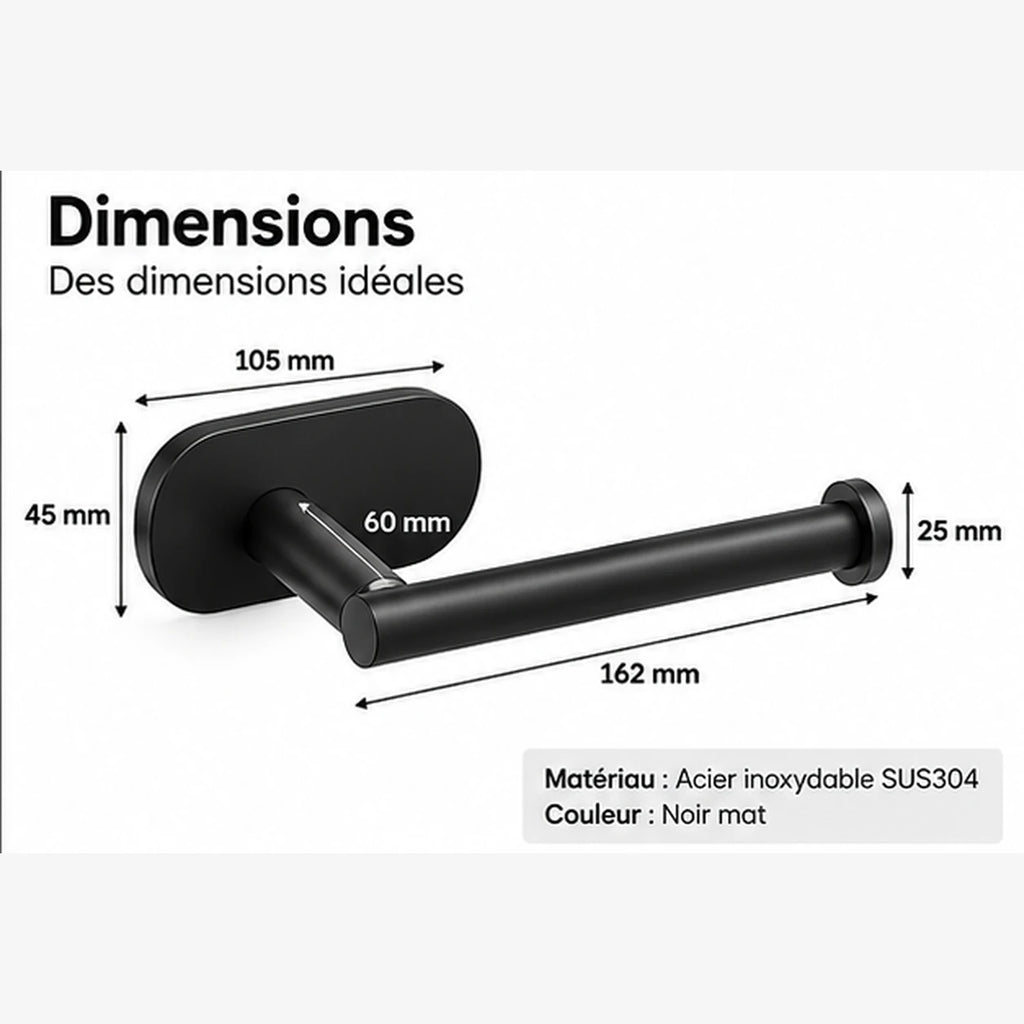 Schéma des dimensions du porte-papier toilette noir mat : 162 mm de longueur, 105 mm de fixation murale, en acier inoxydable SUS304.