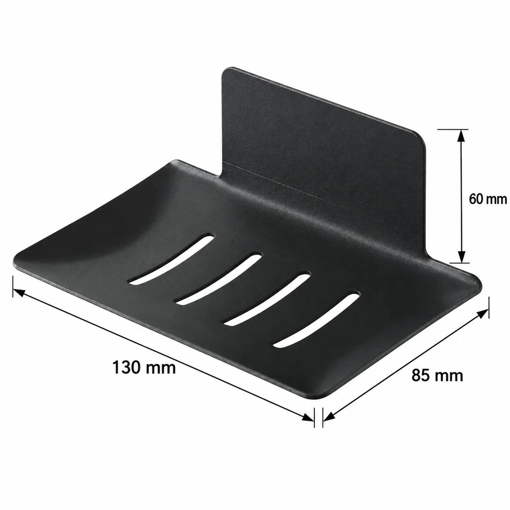 Schéma des dimensions du porte-savon noir mat : 130 mm de largeur, 85 mm de profondeur et 60 mm de hauteur