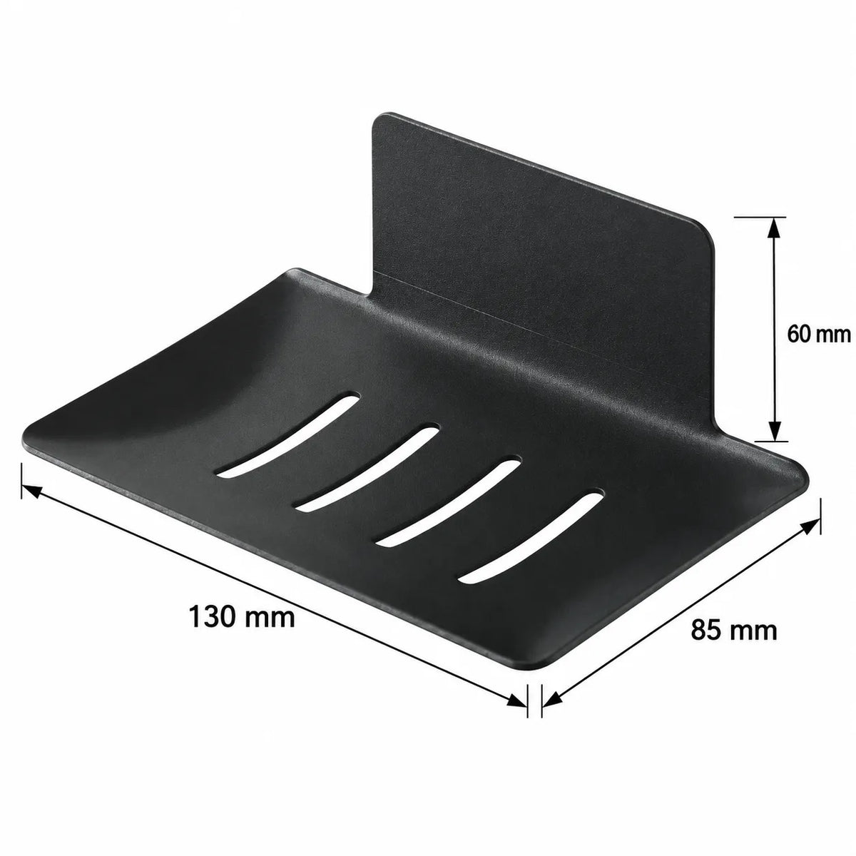 Schéma des dimensions du porte-savon noir mat : 130 mm de largeur, 85 mm de profondeur et 60 mm de hauteur