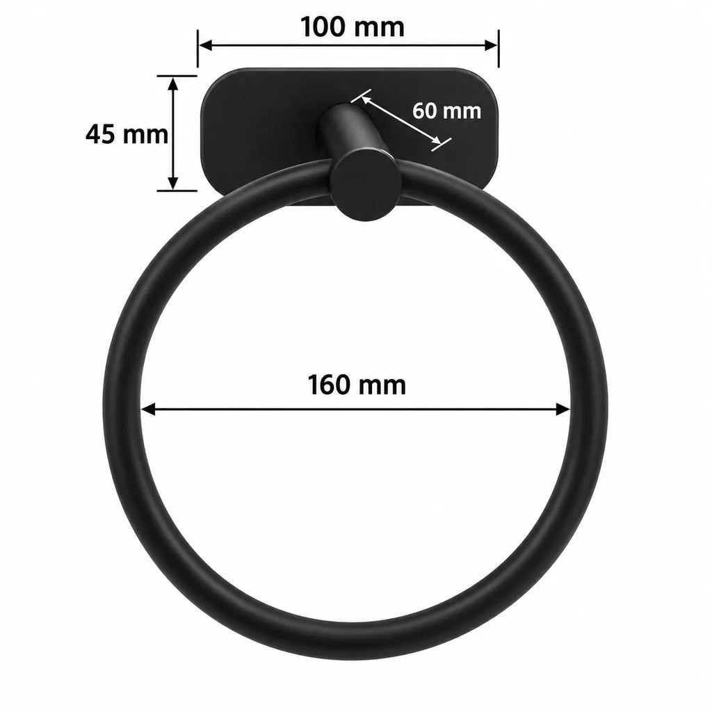Schéma des dimensions du porte-serviette anneau noir mat : 160 mm de diamètre et 45 mm de fixation murale.