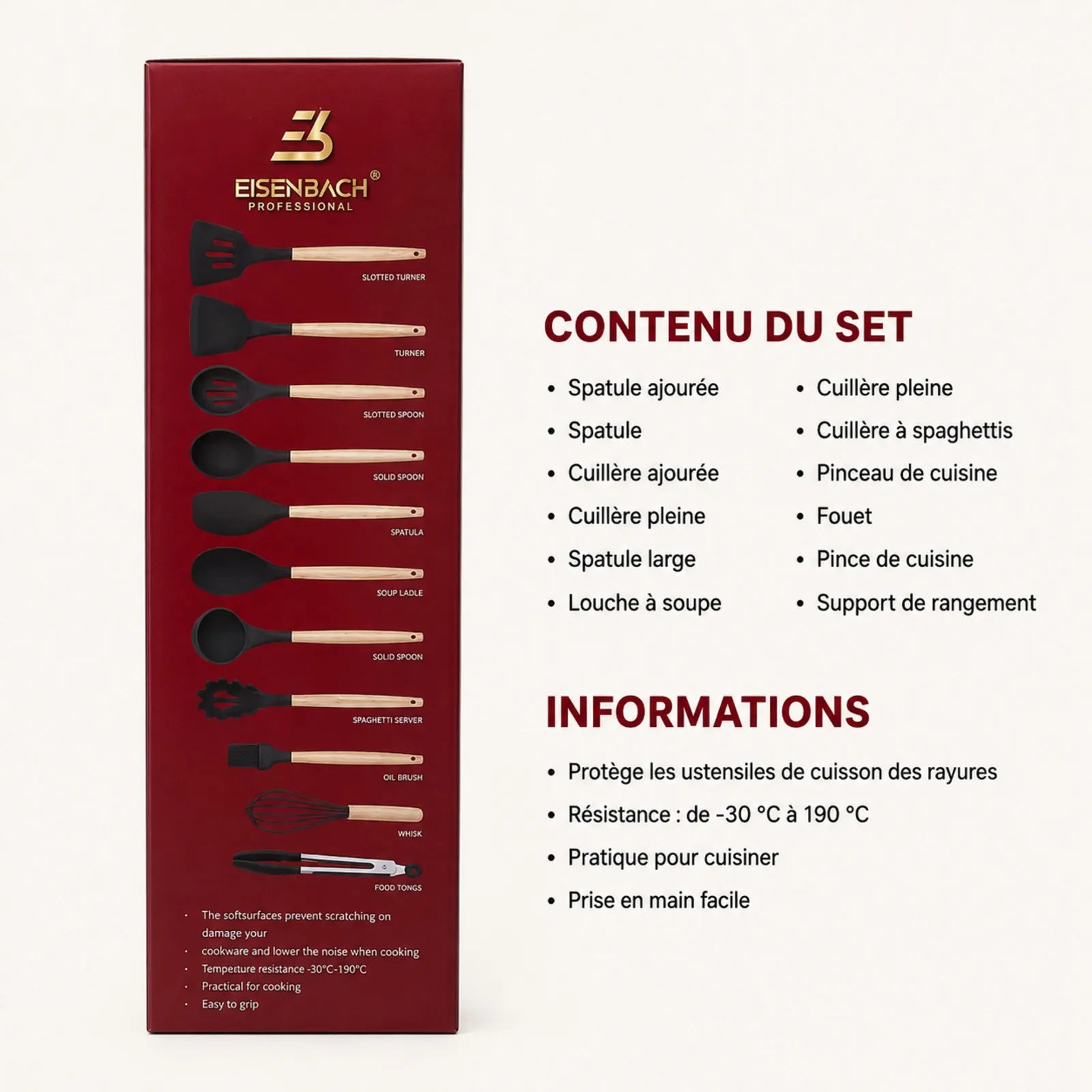 Contenu et caractéristiques du set de 12 ustensiles de cuisine Eisenbach A0022