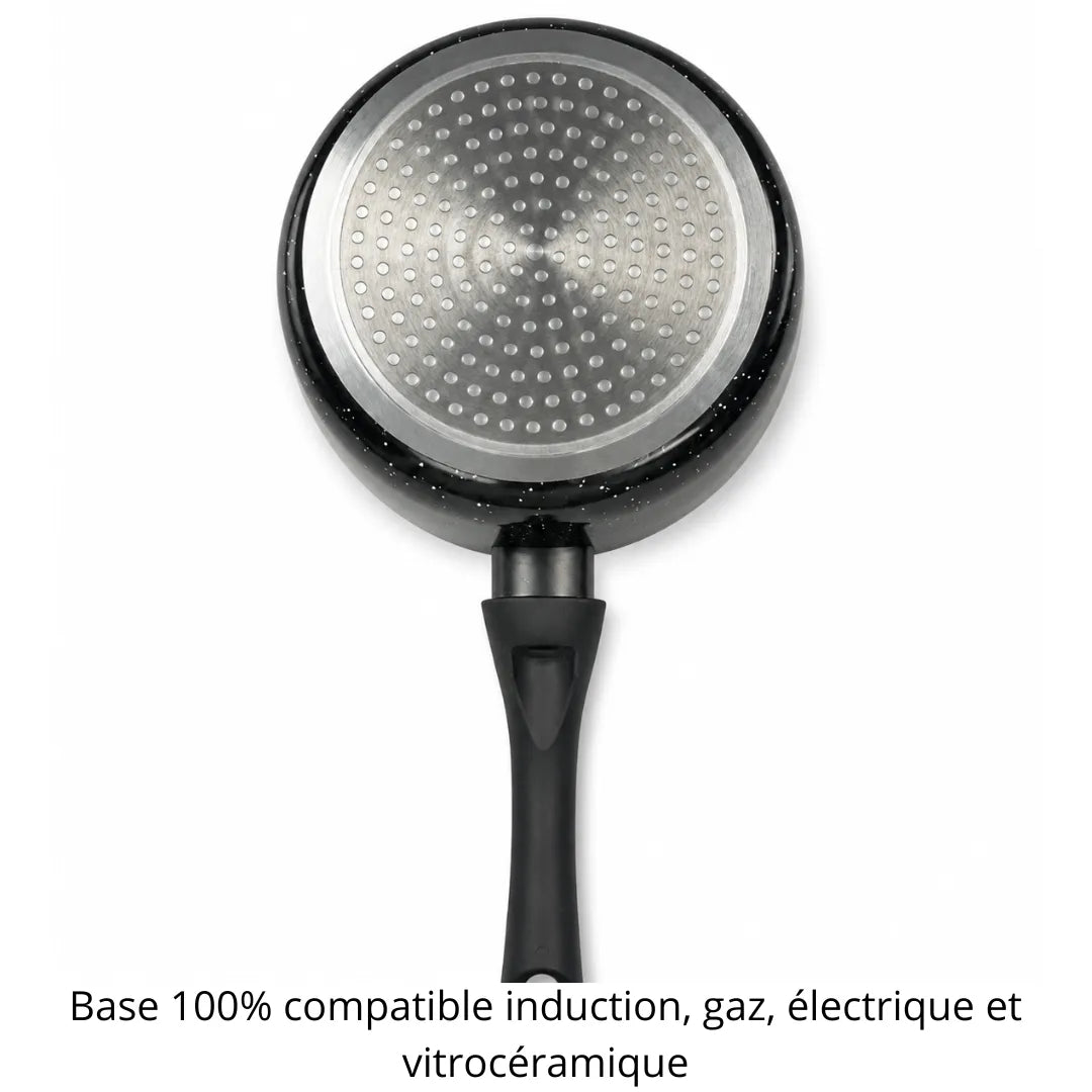 Base 100% compatible induction, gaz, électrique et vitrocéramique, avec fond en acier inoxydable à points d'induction.