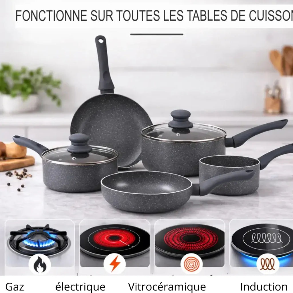 Fonctionne sur toutes les tables de cuisson : gaz, électrique, vitrocéramique et induction, pour une polyvalence maximale.