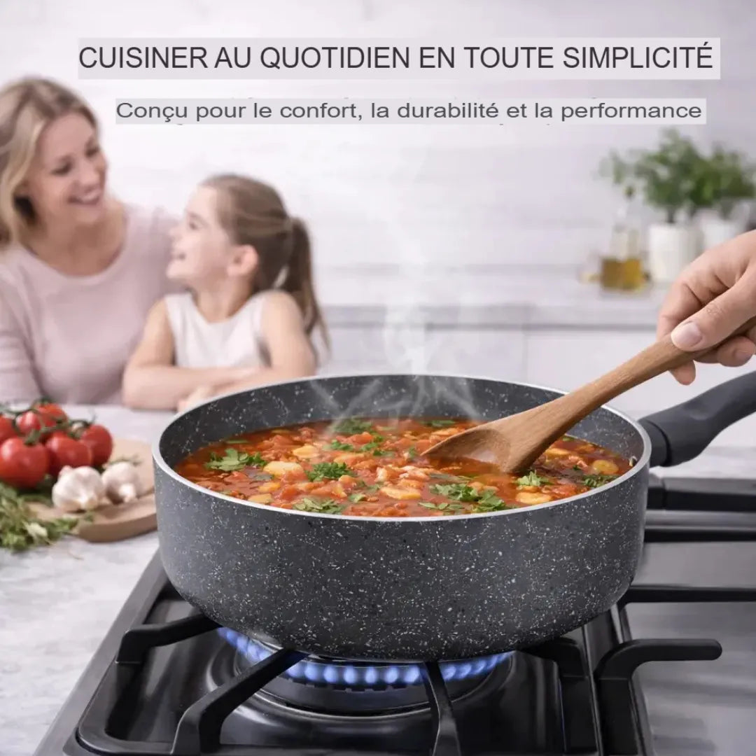 Batterie de cuisine Herzberg conçue pour le confort, la durabilité et la performance, idéale pour cuisiner en famille au quotidien.