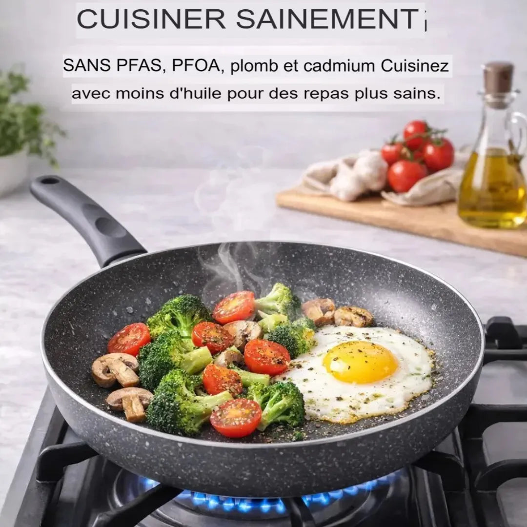 Cuisson saine sans PFAS, PFOA, plomb et cadmium, pour cuisiner avec moins d'huile et préparer des repas plus sains.