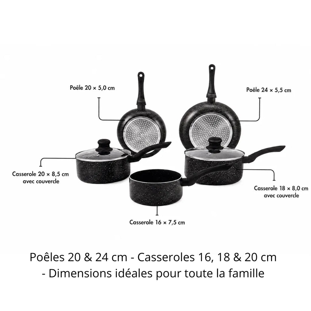 Dimensions idéales : poêles 20 et 24 cm, casseroles 16, 18 et 20 cm avec couvercles, parfaites pour toute la famille.