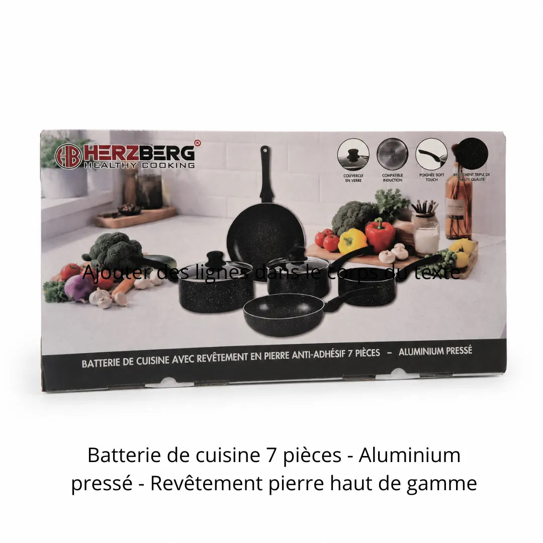 Boîte d'emballage Herzberg Healthy Cooking pour batterie de cuisine 7 pièces en aluminium pressé, revêtement pierre haut de gamme.