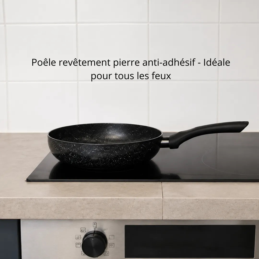 Poêle à revêtement pierre antiadhésif Herzberg, idéale pour l'induction, le gaz, l'électrique et la vitrocéramique.