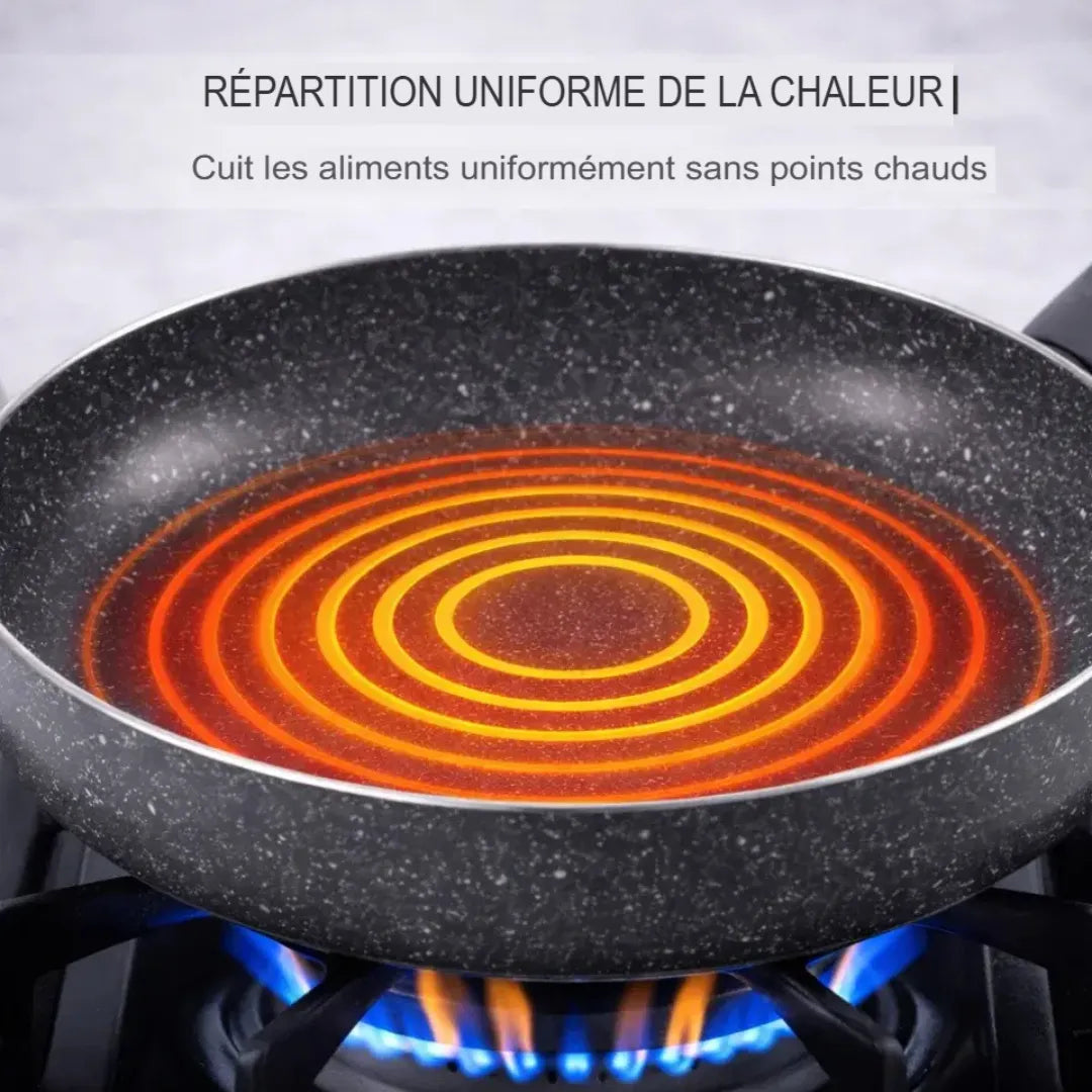Répartition uniforme de la chaleur sur toute la surface, évitant les points chauds pour une cuisson homogène des aliments.