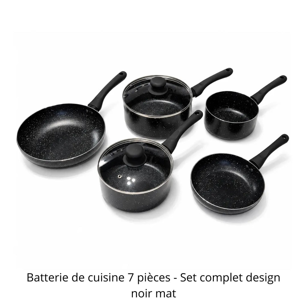 Set complet design noir mat Herzberg, comprenant 2 poêles et 3 casseroles avec couvercles en verre.