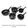 Set complet design noir mat Herzberg, comprenant 2 poêles et 3 casseroles avec couvercles en verre.