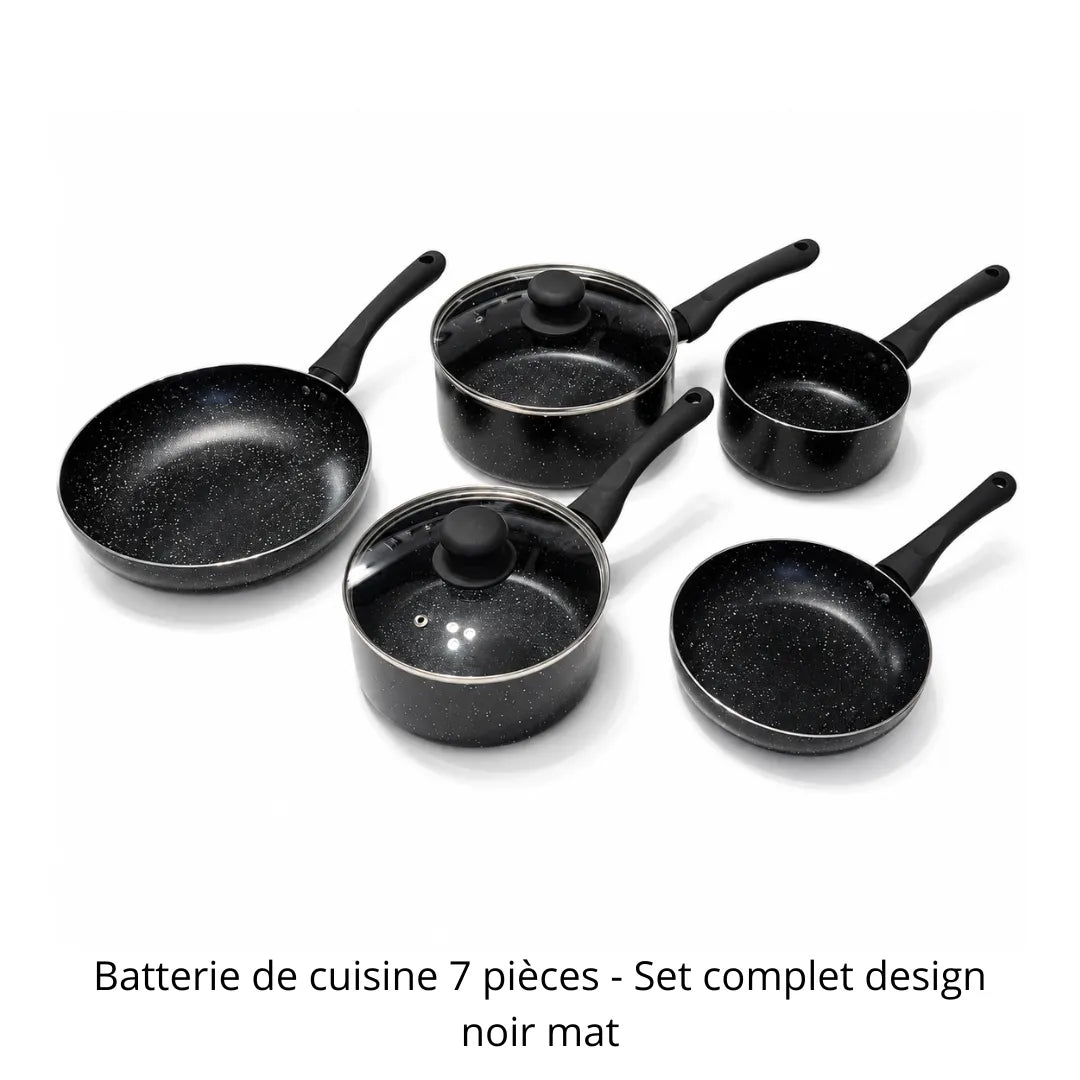 Set complet design noir mat Herzberg, comprenant 2 poêles et 3 casseroles avec couvercles en verre.