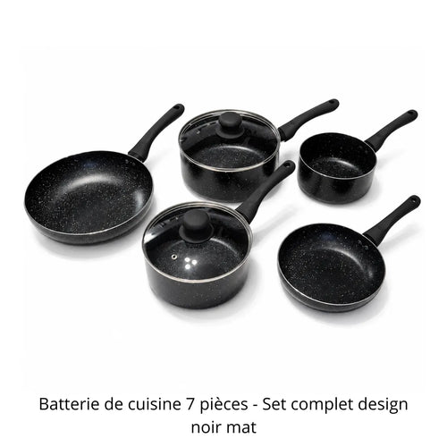 Set complet design noir mat Herzberg, comprenant 2 poêles et 3 casseroles avec couvercles en verre.