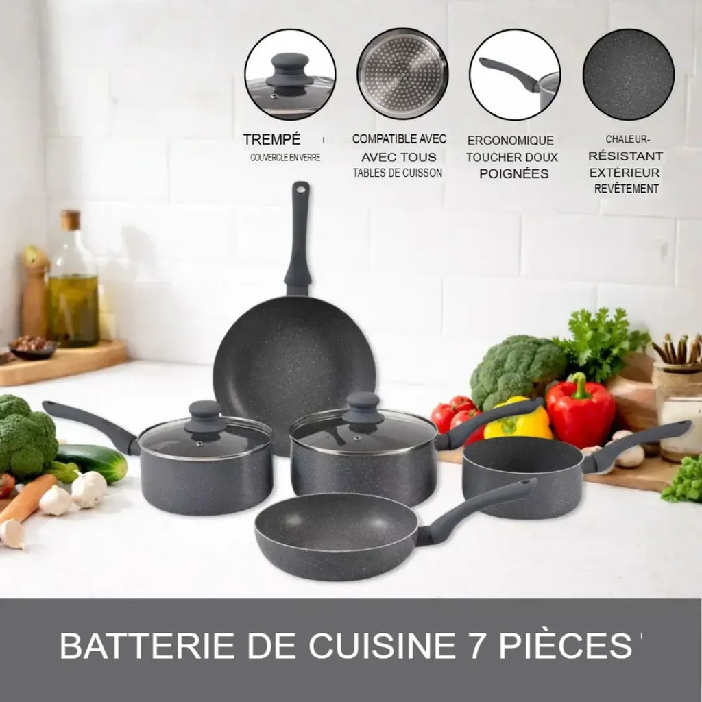 Batterie de cuisine Herzberg 7 pièces en design noir mat, avec couvercles en verre trempé, poignées ergonomiques et compatibilité tous feux.