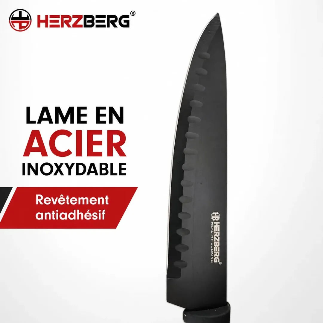 Couteau de cuisine Herzberg HG-MSN8BLK avec lame en acier inoxydable et revêtement antiadhésif